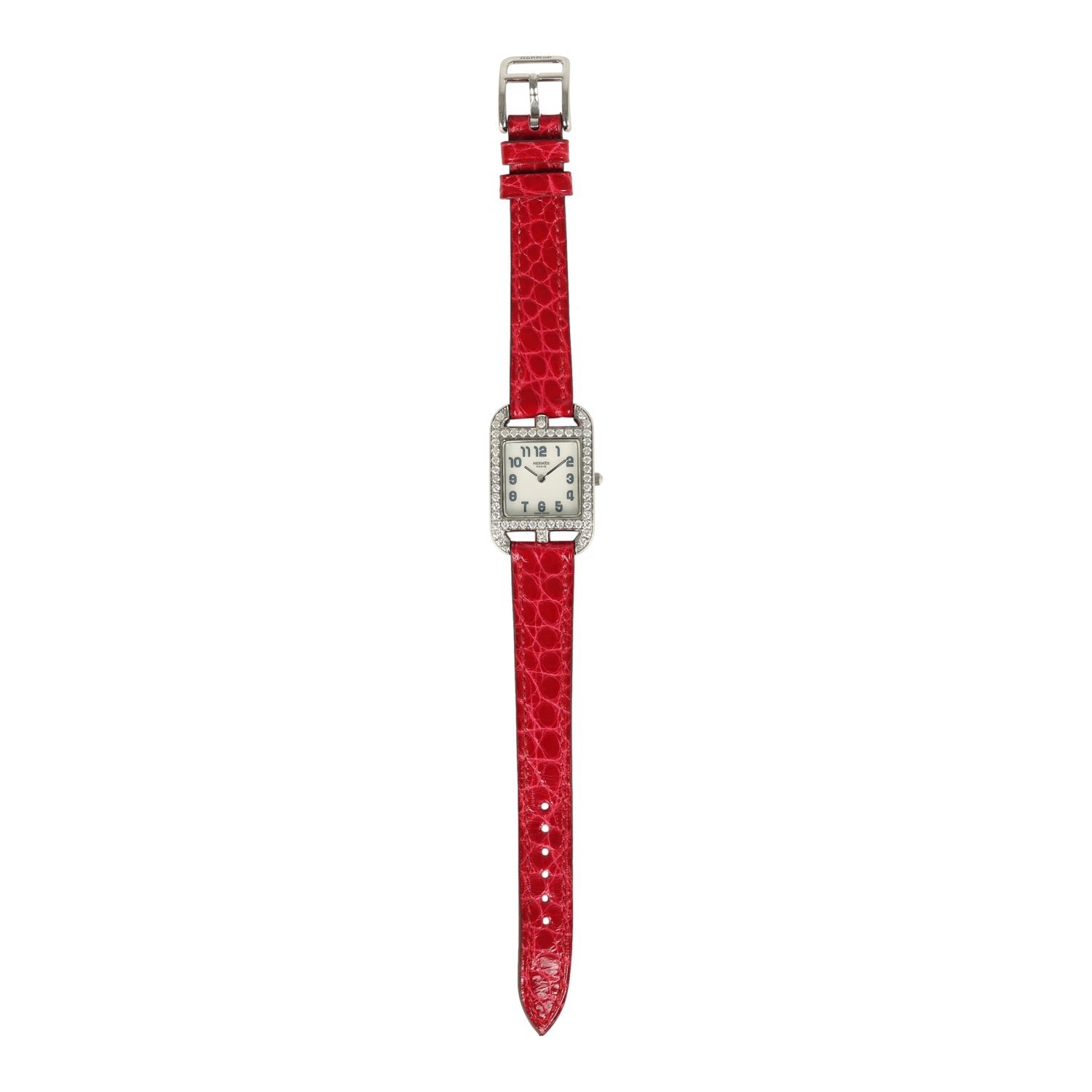 Pre-owned Hermes Cape Cod Watch Large Braise Shiny Alligator Steel Hardware & Diamonds