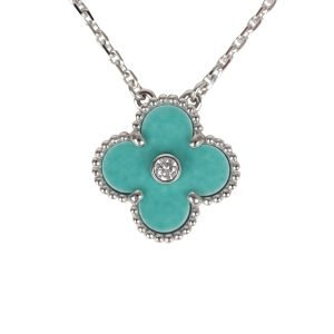 Van Cleef & Arpels 2022 Holiday Vintage Alhambra Pendant Necklace Light Green Celadon Sevres Porcelain & Diamonds White Gold Hardware