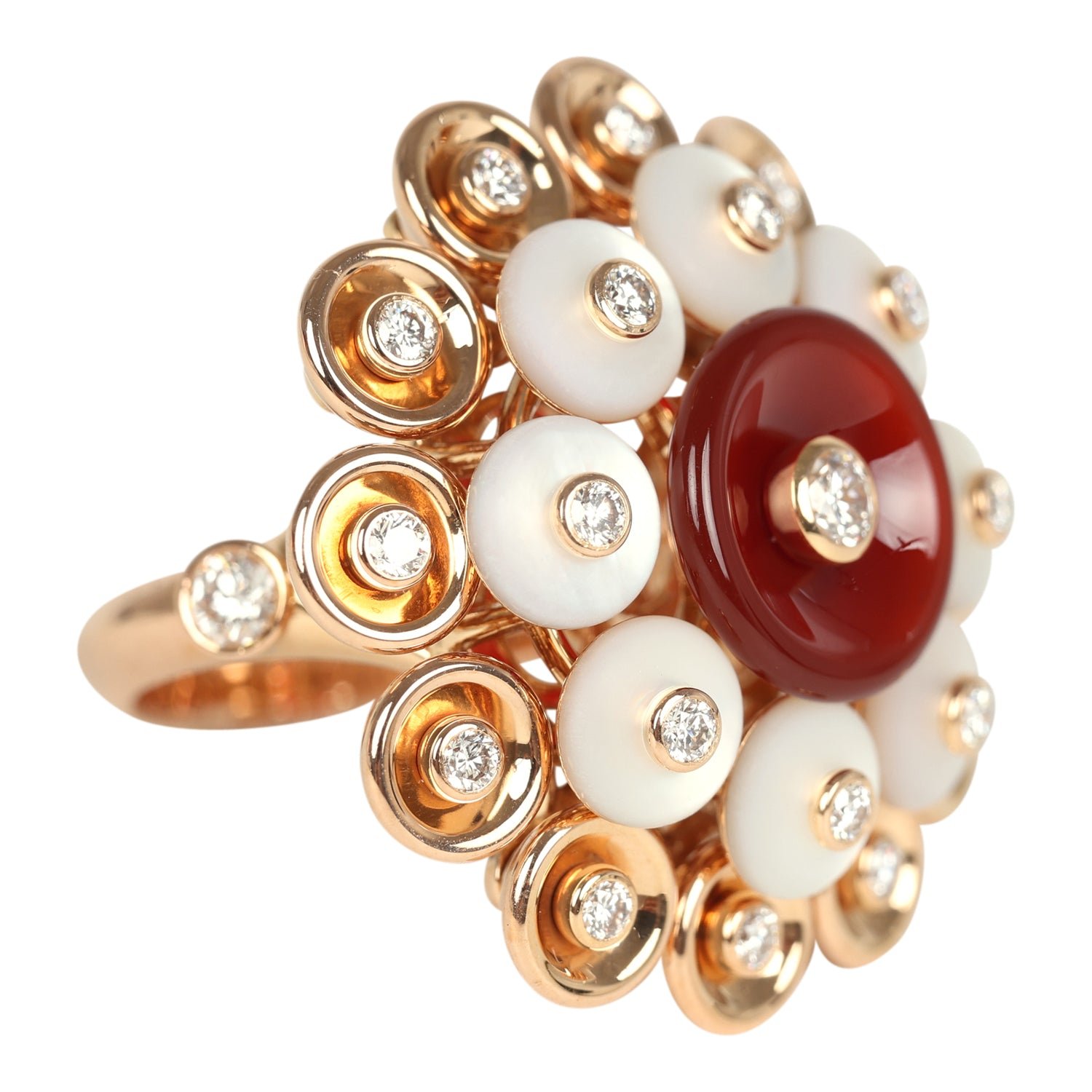Van Cleef & Arpels Bouton D’or Ring Carnelian, Mother Of Pearl 18K Rose Gold Hardware & Diamonds